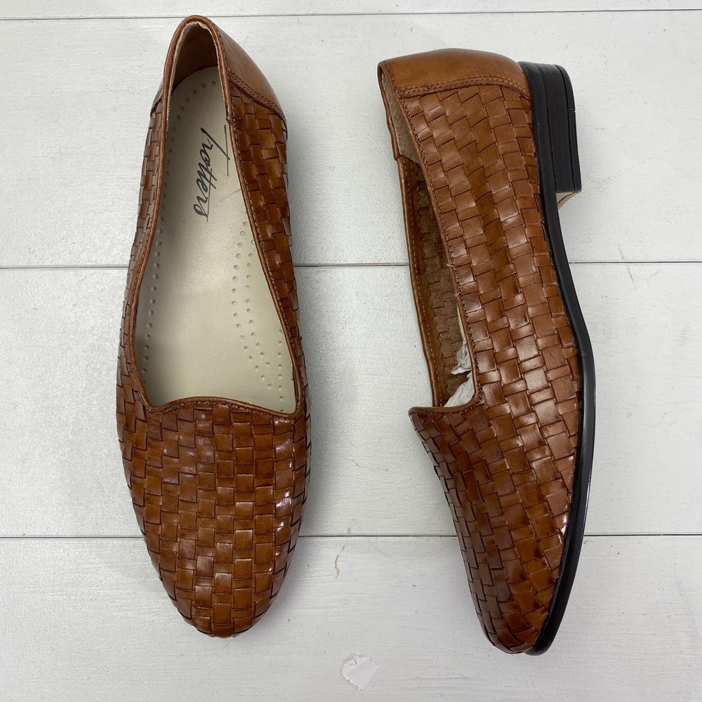 Vtg Trotters Woven Leather Loafers Women 6.5 Brown Basketweave Flats Minimalist